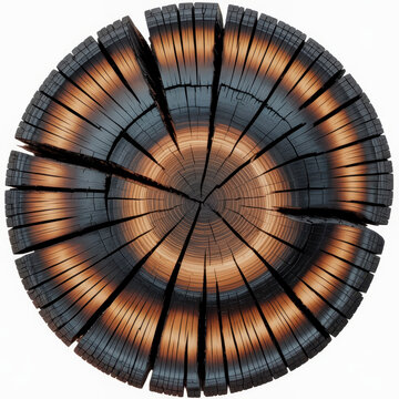 Circular cross section of a charred wooden log with radial cracks and dark burnt outer edges
