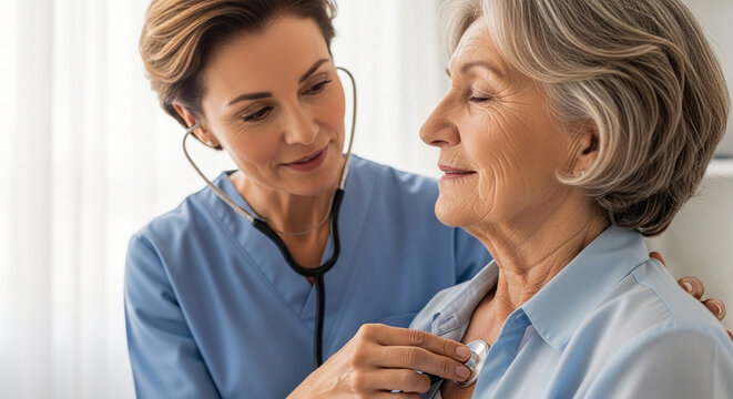 Compassionate nurse conducting a thorough health check-up on a smiling senior woman, ensuring well-being and providing dedicated medical attention during a routine visit