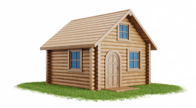 Small wooden log cabin house standing on a patch of green grass isolated on a white background