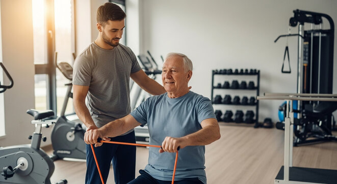 Therapist assists senior man with resistance band workout in rehab gym, boosting mobility and promoting active healthy aging