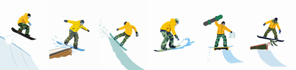 Vector illustration set of a snowboarder in a yellow jacket and camo pants performing various winter sports tricks and stunts on a white background. © Shiji