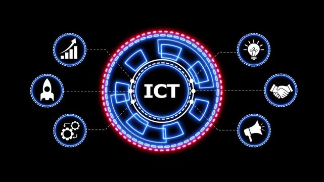 Ict concept graphic with digital business icons HUD. Information communication technology concept with digital hud interface animated icons business development growth symbols.