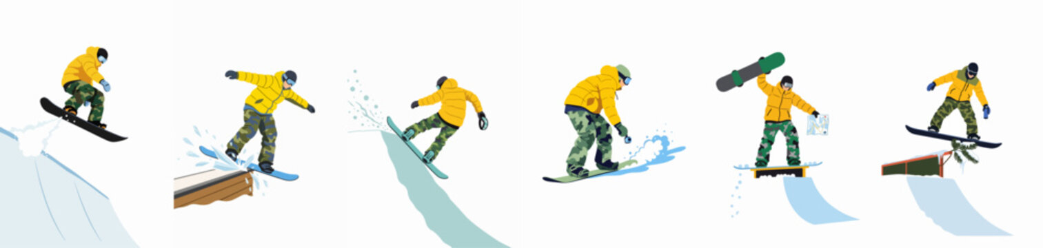 Vector illustration set of a snowboarder in a yellow jacket and camo pants performing various winter sports tricks and stunts on a white background.