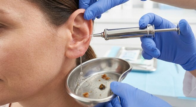 Ear Irrigation Flushing Out Foreign Object and Cerumen.