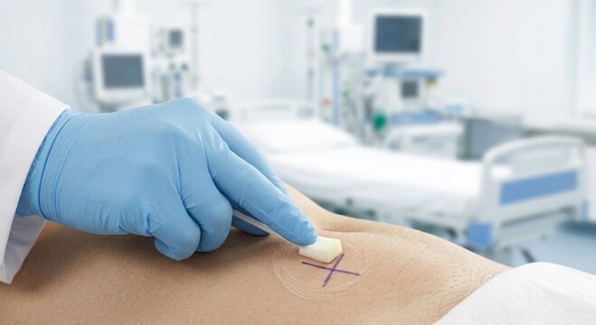 Disinfecting the abdomen with an antiseptic swab for a medical  procedure.