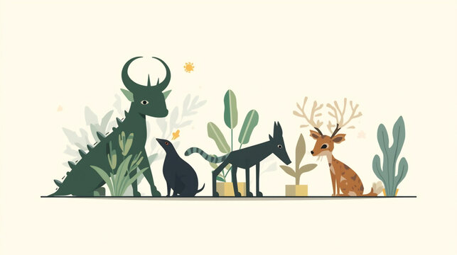Whimsical Fauna Gathering: An enchanting illustration presents a gathering of unique animals, showcasing a whimsical blend of fantasy and nature, creating a delightful scene.