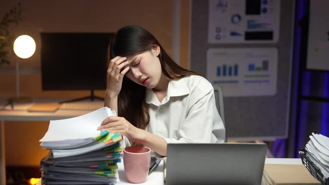 Stressed young asian businesswoman working late at night in the office feeling overwhelmed by paperwork, deadlines, and pressure leading to burnout and a severe headache