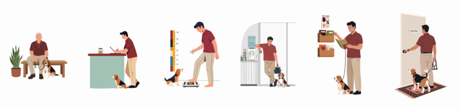 Sequential illustration of a man visiting a veterinary clinic with his beagle dog, showing waiting, registration, weighing, and entering the exam room.