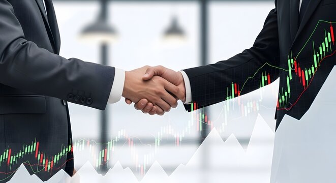 Businessmen shaking hands after successful financial deal investment partnership