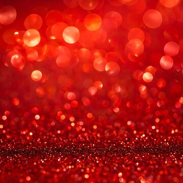 A vibrant red background with bokeh lights and glitter