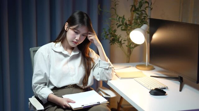 Stressed asian businesswoman feeling tired and overworked while working late at night in the office, experiencing burnout from long hours and tight project deadlines