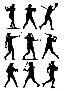 Vector illustration of women playing softball, black silhouettes