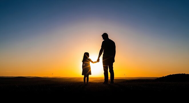 Heartwarming fathers day silhouette dad and daughter holding hands at sunset