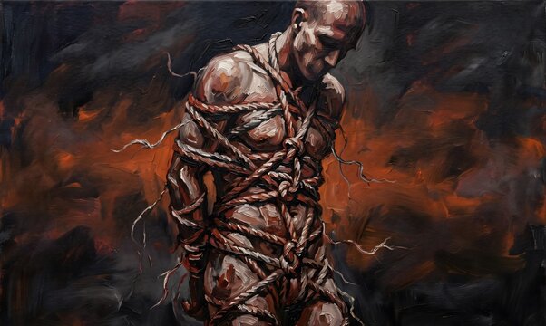 An expressionist oil painting on canvas: a standing human figure &mdash; gender-neutral, abstract but recognizably human &mdash; whose body is wrapped entirely in thick, knotted, fraying ropes that constrict.