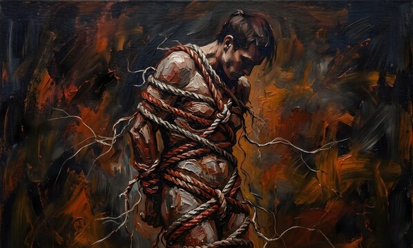An expressionist oil painting on canvas: a standing human figure &mdash; gender-neutral, abstract but recognizably human &mdash; whose body is wrapped entirely in thick, knotted, fraying ropes that constrict.