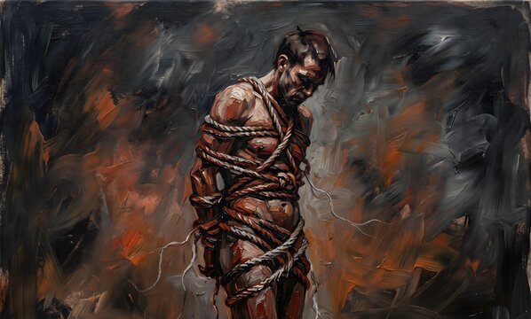 An expressionist oil painting on canvas: a standing human figure &mdash; gender-neutral, abstract but recognizably human &mdash; whose body is wrapped entirely in thick, knotted, fraying ropes that constrict.