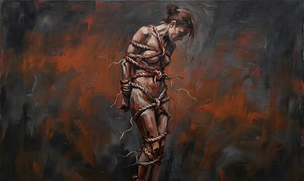 An expressionist oil painting on canvas: a standing human figure &mdash; gender-neutral, abstract but recognizably human &mdash; whose body is wrapped entirely in thick, knotted, fraying ropes that constrict.