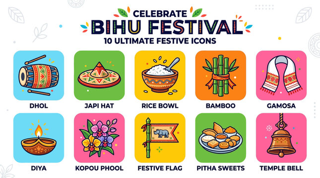 Bihu Festival Symbols with Dhol Japi Hat Rice Bowl Bamboo Gamosa Diya Flower Flag Sweet and Bell