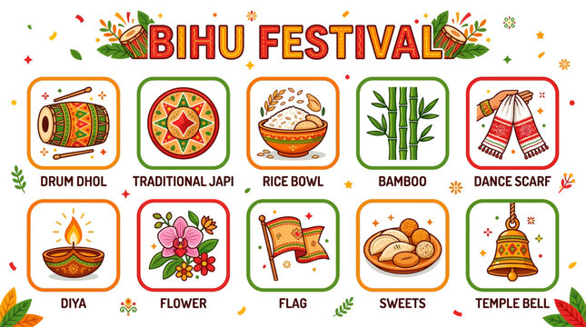 Bihu Festival Symbols with Dhol Japi Rice Bowl Bamboo Diya Flower Flag Sweets and Temple Bell