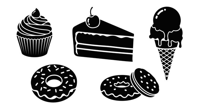 A set of black and white icons of sweet food
