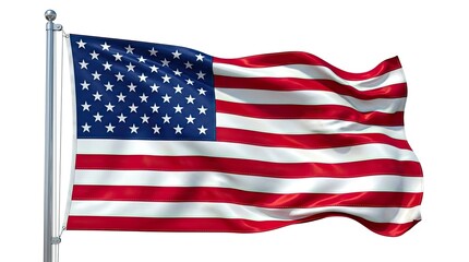 Obraz premium The American flag waves majestically on its pole against a clean white background symbolizing freedom and patriotism across the nation.