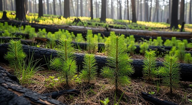 Young pine trees growing in a forest with sunlight and burnt logs