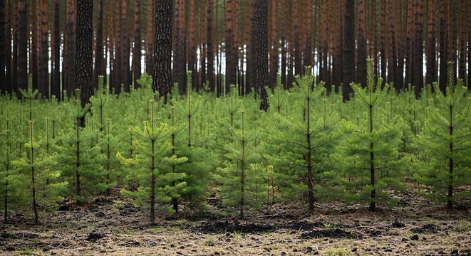 Young pine trees in forest with background of mature trees daytime scene