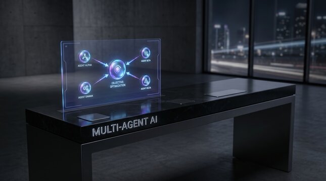 Futuristic holographic display showcasing a multi-agent artificial intelligence network with interconnected nodes and futuristic cityscape in the background