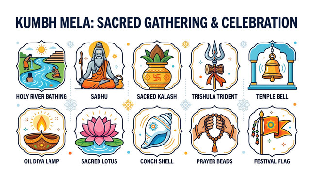 Kumbh Mela Sacred Symbols with River Bathing Sadhu Kalash Trident Bell and Lotus