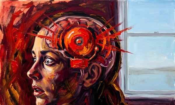 An expressionist oil painting on rough canvas: a close-up composition of a human head in profile &mdash; female presenting, late 20s, face partially obscured &mdash; with the inside of the skull.