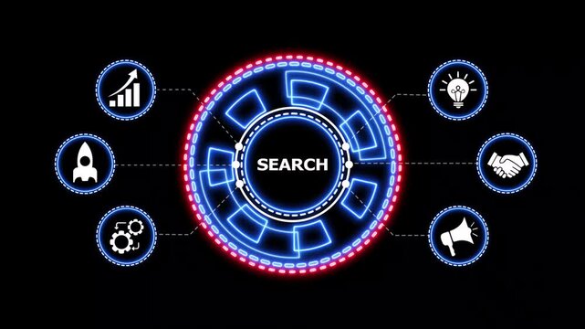 Hud search engine interface animation neon motion. Futuristic digital dashboard with business icons and glowing neon circles displaying search engine optimization concept.