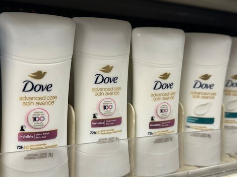 Dove body deodorant and antiperspirant retail display inside Walmart Canada store. April 30 2026. Strathmore, Alberta, Canada. For editorial use only.