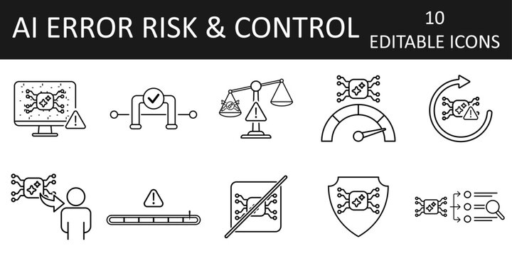 AI error and risk control icon set. Confidence score, hallucination warning, validation checkpoint, bias detection, feedback loop. Fallback, threshold trigger, rejection, safe mode, audit trail.