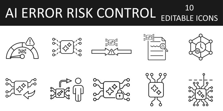 AI error and risk control icon set. Confidence drop, uncertainty range, conflict detection, anomaly input, delay timeout. Rollback, permission restriction, data sanitization, escalation.