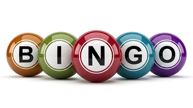 Colorful bingo balls arranged in a row spelling out the word bingo against a plain white studio background surface area