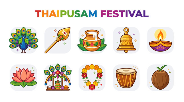 Thaipusam Festival Symbols with Peacock Vel Spear Diya Lotus and Drum