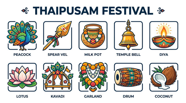 Thaipusam Festival Symbols with Peacock Spear Vel Milk Pot Bell Diya Lotus Kavadi Garland Drum and Coconut