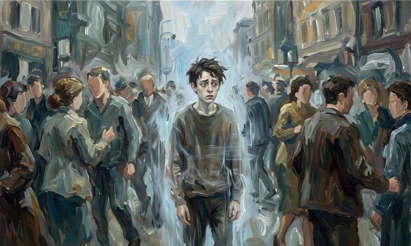 An expressionist oil painting on canvas: a crowd scene in muted, swirling tones of grey-green, dusty blue, and muted ochre &mdash; faceless, loosely painted figures move and interact naturally.