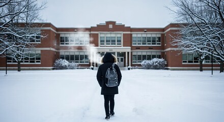 Fototapeta premium Student with backpack walking to school building on a cold snowy winter day