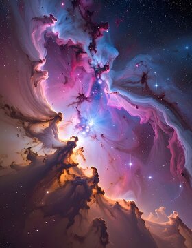 A vibrant nebula with swirling clouds of pink, purple, and orange gas