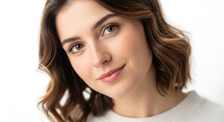 Naklejka premium Young woman with brown hair and eyes smiles against a white background