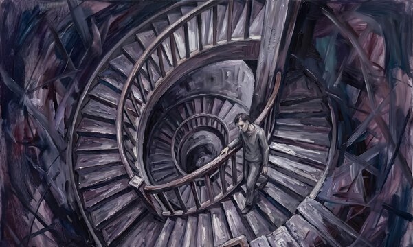 An expressionist oil painting on canvas: an impossible architectural interior &mdash; a single figure, gender-neutral, dressed in grey &mdash; perpetually climbing a spiral staircase that loops back on itself.