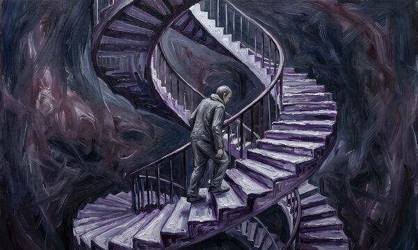 An expressionist oil painting on canvas: an impossible architectural interior &mdash; a single figure, gender-neutral, dressed in grey &mdash; perpetually climbing a spiral staircase that loops back on itself.