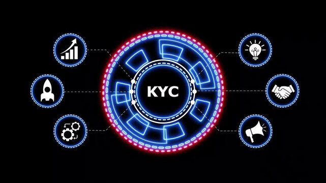 Futuristic KYC hologram with business icons in motion. Dynamic digital HUD interface shows KYC text surrounded by rotating gears and business icons, futuristic technology.