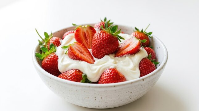 Fresh ripe strawberries artfully arranged in creamy whipped topping inside a speckled ceramic bowl ready for enjoyment.