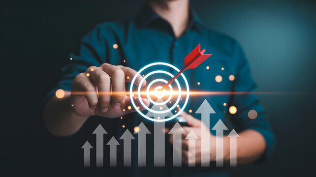 A Professional Product Photography Shot Showcasing a Hand Aiming at a Target with Arrows and Growth Charts, Representing Success and Goals