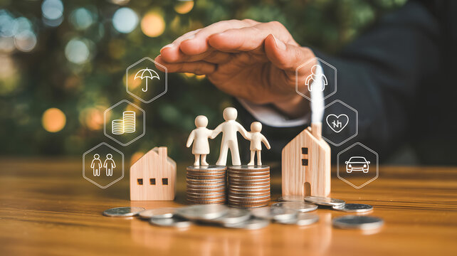 Family and asset protection concept. A hand shields wooden figures and homes on coin stacks, surrounded by financial security and insurance symbols