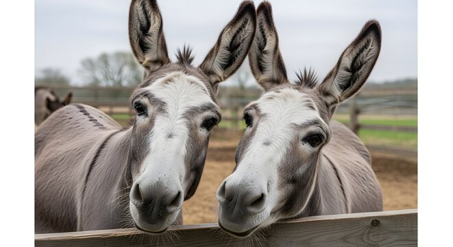 Two Adorable Donkeys Peeking Over a Wooden Fence on a Farm.