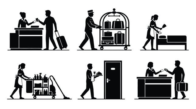 Set of hotel staff silhouettes, including receptionist, bellboy, housekeeper, and room service