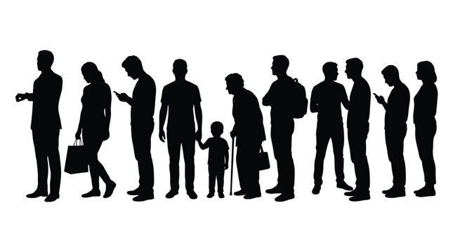Silhouettes of diverse people standing in a queue or line, waiting in a row